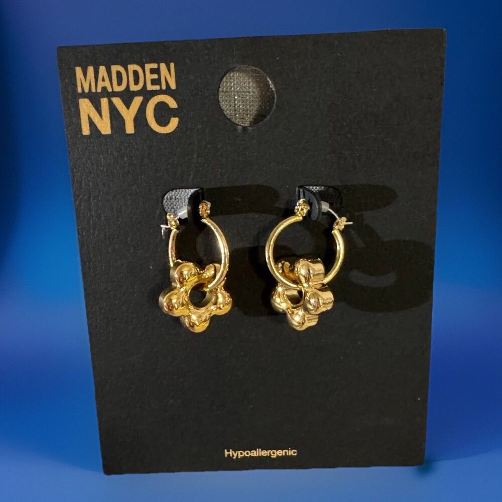 Madden NYC Hypoallergenic Puffy Flower Charm Huggie Hoop Earrings Gold Tone NWT!